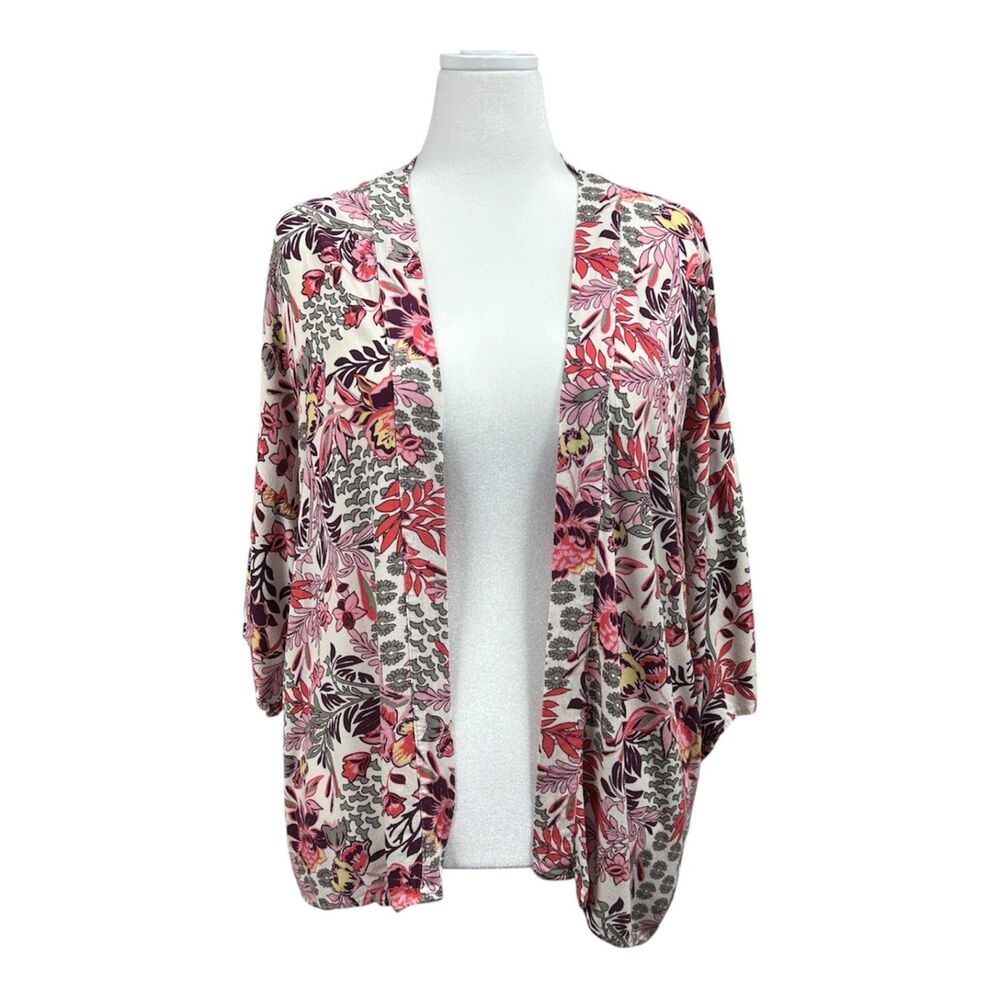 Knox Rose Floral Open Front Kimono Sz XL / XXL Cream Pink